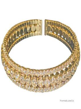 Double Row Rhinestone Cuff Bracelet Gold Plated Bangle